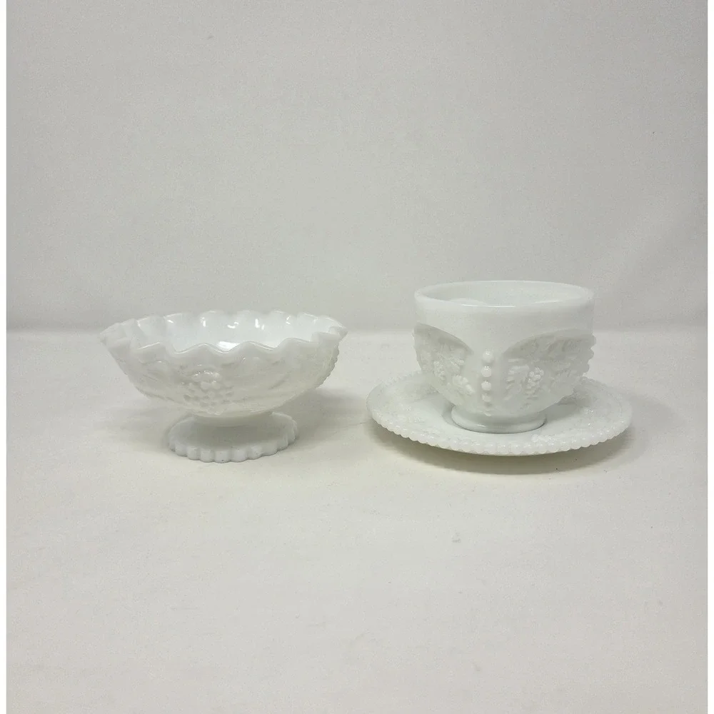 Vintage Westmoreland Paneled Grape Milk Glass 3pc Compote Bowl Saucer Lot